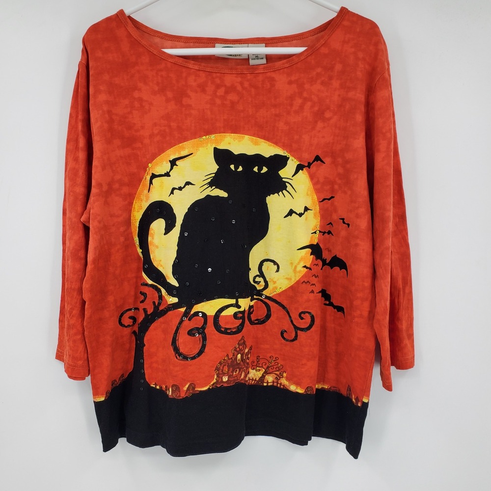 Vintage‎ Halloween Black Cat Bats Graphic Top Orange XL Spooky Y2K Grunge Witchy